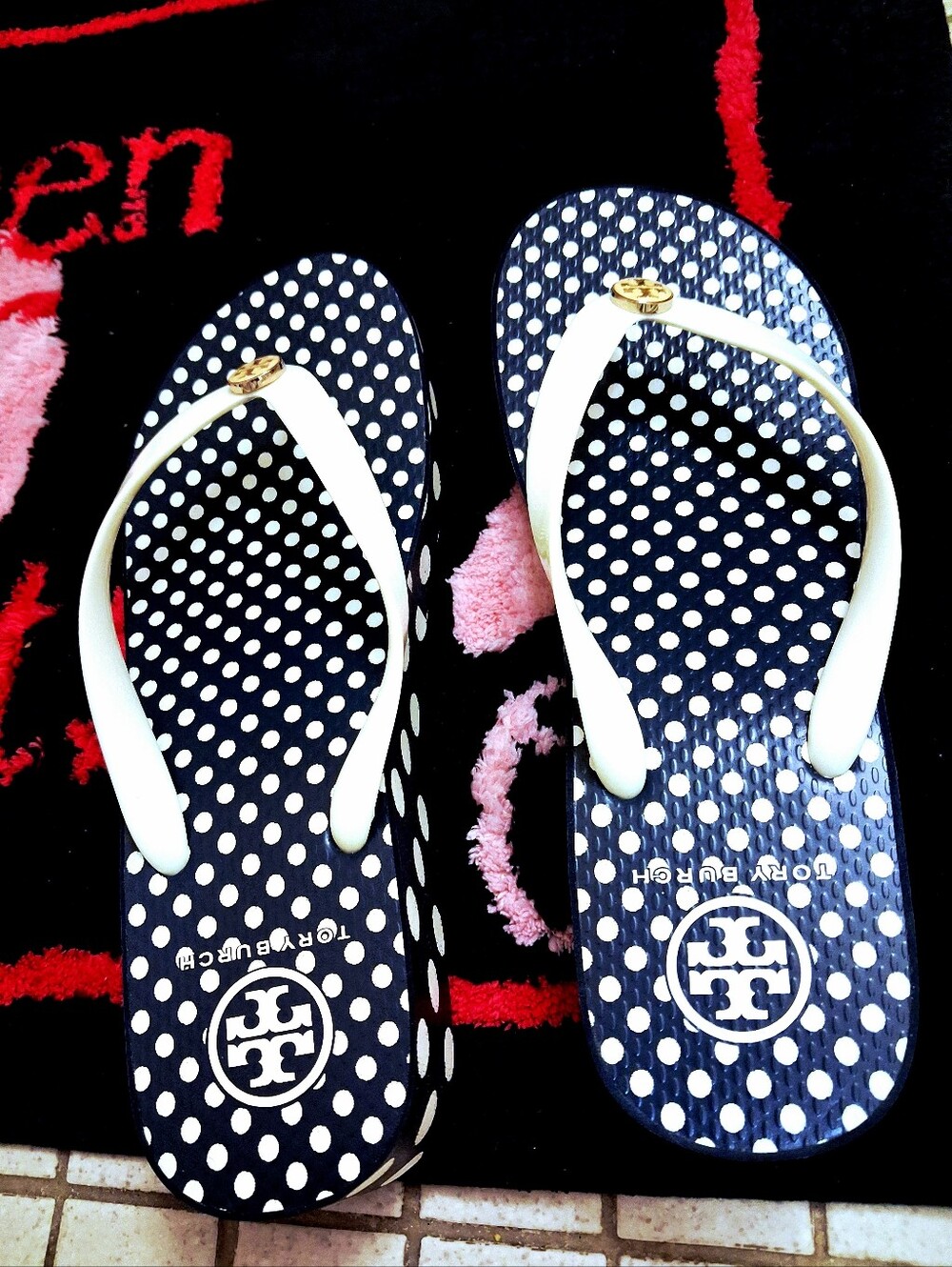 Tory Burch Black/White Polka Dot Thong Platform Goldtone Double T Logo Sandal 11